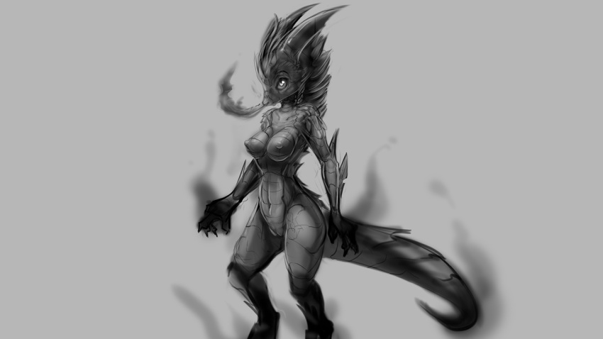 16:9 2019 anthro breasts dragon female grey_background mane monochrome navel nipples nude pussy simple_background smoke solo standing watsup