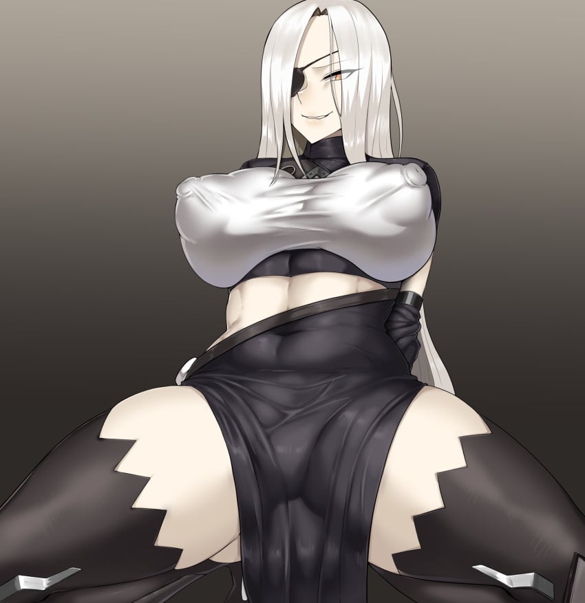 1girls abs alchemist_(girls'_frontline) areolae breasts clothed eye_patch female female_only girls'_frontline huge_breasts kneeling nipples pale_skin rad_racer sangvis_ferri solo spread_legs thick_thighs thighhighs wide_hips