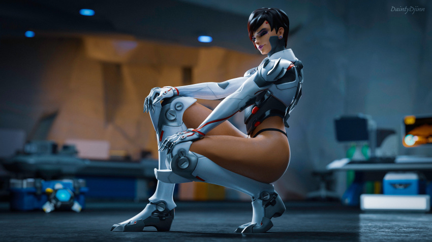 1girls 3d absurd_res absurdres armor ass black_hair blender blizzard_entertainment breasts clothed daintydjinn dark-skinned_female dark_skin dyed_hair eyeshadow female focus g-string half-closed_eyes highres latina looking_at_viewer makeup no_pants overwatch overwatch_2 overwatch_archives panties short_hair sombra squatting talon_sombra video_games white_clothing