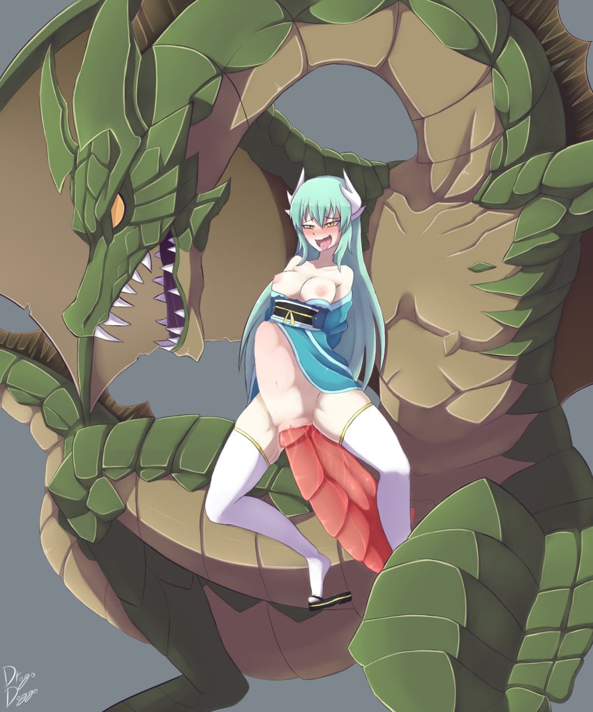 1boy 1girls areolae artist_name big_breasts big_penis breasts bulge clothing dragon drogodoggo duo fate/grand_order fate_(series) female gigantic_penis green_hair hair huge_cock interspecies kiyohime_(fate/grand_order) large_penis larger_male long_hair male nipples open_mouth penetration penis pussy sex signature size_difference smaller_female spread_legs stomach_bulge straight thighhighs tongue tongue_out vaginal_penetration video_games wyvern yellow_eyes