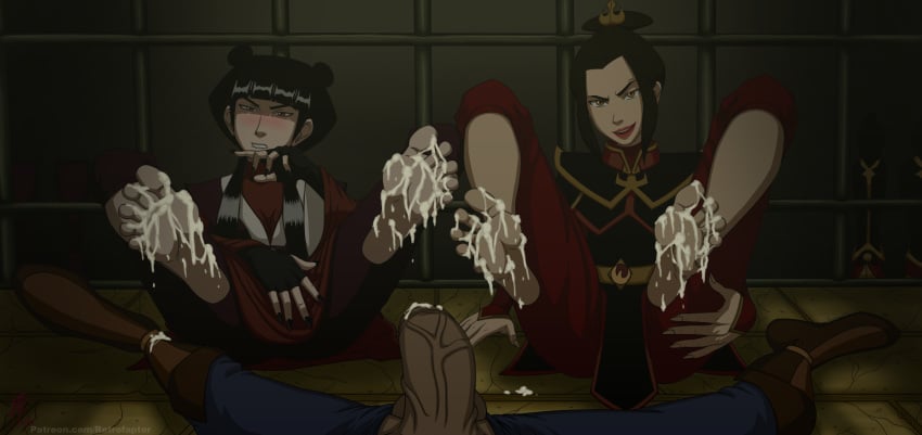 1boy 2girls avatar_the_last_airbender azula barefoot black_hair blush clothing cum cum_on_feet cum_on_soles dark-skinned_male dark_skin feet female foot_fetish hair mai_(avatar) male multiple_girls penis retrofaptor sokka straight vein veiny_penis