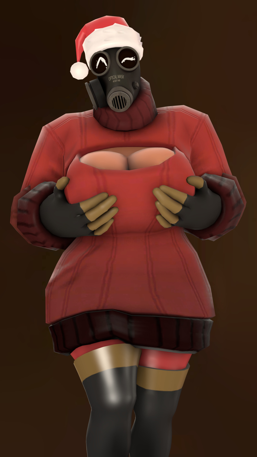 1girls 3d 4k big_breasts breasts christmas female fempyro gas_mask gloves hands_on_breasts highres keyhole_sweater keyhole_turtleneck latex pyro robinolsen2011 rule_63 santa_hat solo solo_female source_filmmaker sweater team_fortress_2 thigh_boots turtleneck valve