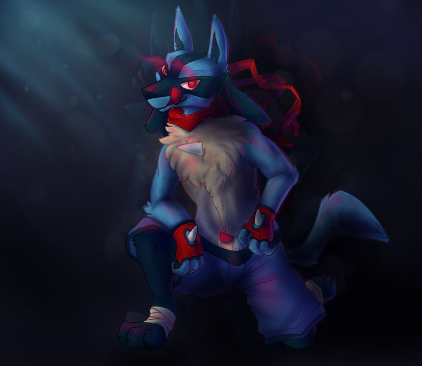 1boy 3_toes animal_genitalia animal_penis anthro anthrofied aroused bandage blue_fur canine canine_penis clothed clothing feet fur furry gloves glowing_eyes kneeling lucario male male_only monsterfuzz nintendo original_character pants paws penis penis_tip pokemon pokemon_(species) pokemon_dppt red_eyes seductive sheath solo spikes tail tongue topless video_games