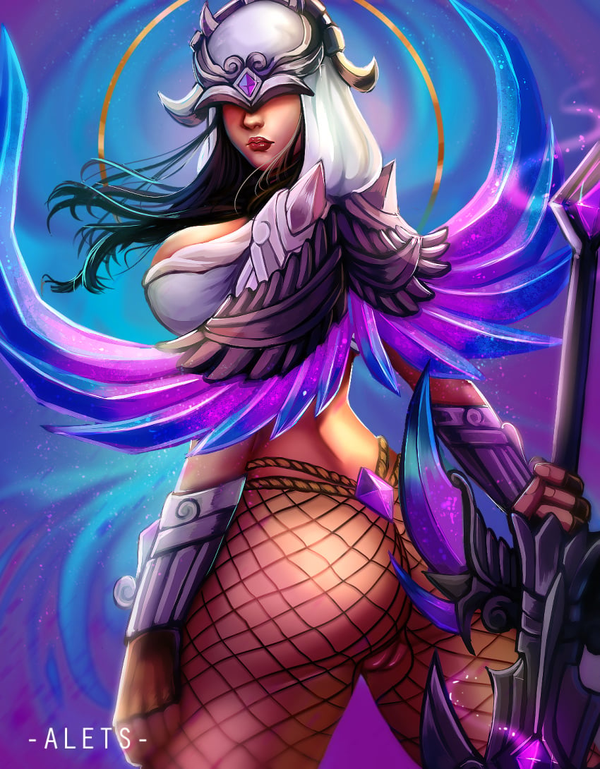 1girls 2019 alets armor ass back_view breasts brown_hair covered_face female female_only greek_mythology hood lipstick nemesis_(smite) partially_clothed pussy red_lipstick smite sword weapon