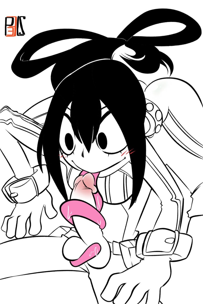 1girls balls black_hair female izuku_midoriya long_hair my_hero_academia p33ls penis sketch smile tagme tongue tongue_out tonguejob tsuyu_asui