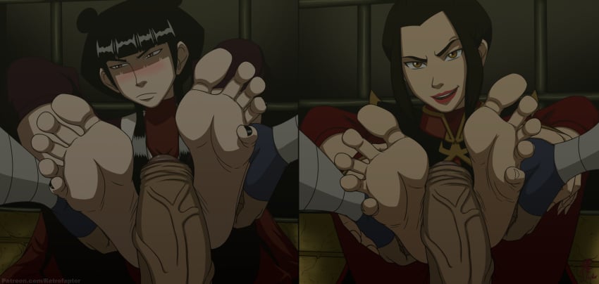 1boy 2girls avatar_the_last_airbender azula barefoot black_hair black_toenails blush clothing dark-skinned_male dark_skin feet female foot_fetish footjob hair mai_(avatar) male multiple_girls penis retrofaptor sokka straight vein veiny_penis