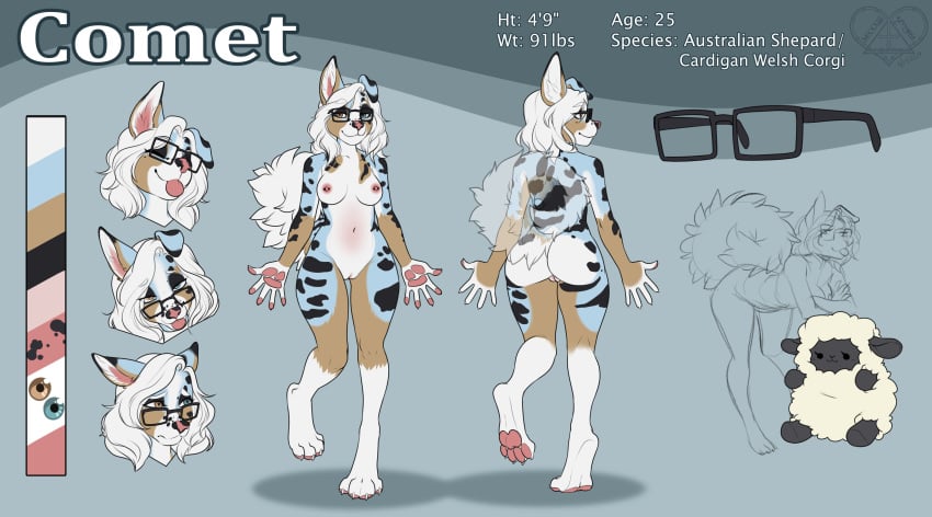 absurd_res australian_shepherd bovid canid canine canis caprine comets domestic_dog expressions eyewear female floppy_ears glasses handpaw herding_dog heterochromia hi_res kittydee mammal model_sheet pastoral_dog paws plushie sheep sheepdog short spots welsh_corgi wide_hips