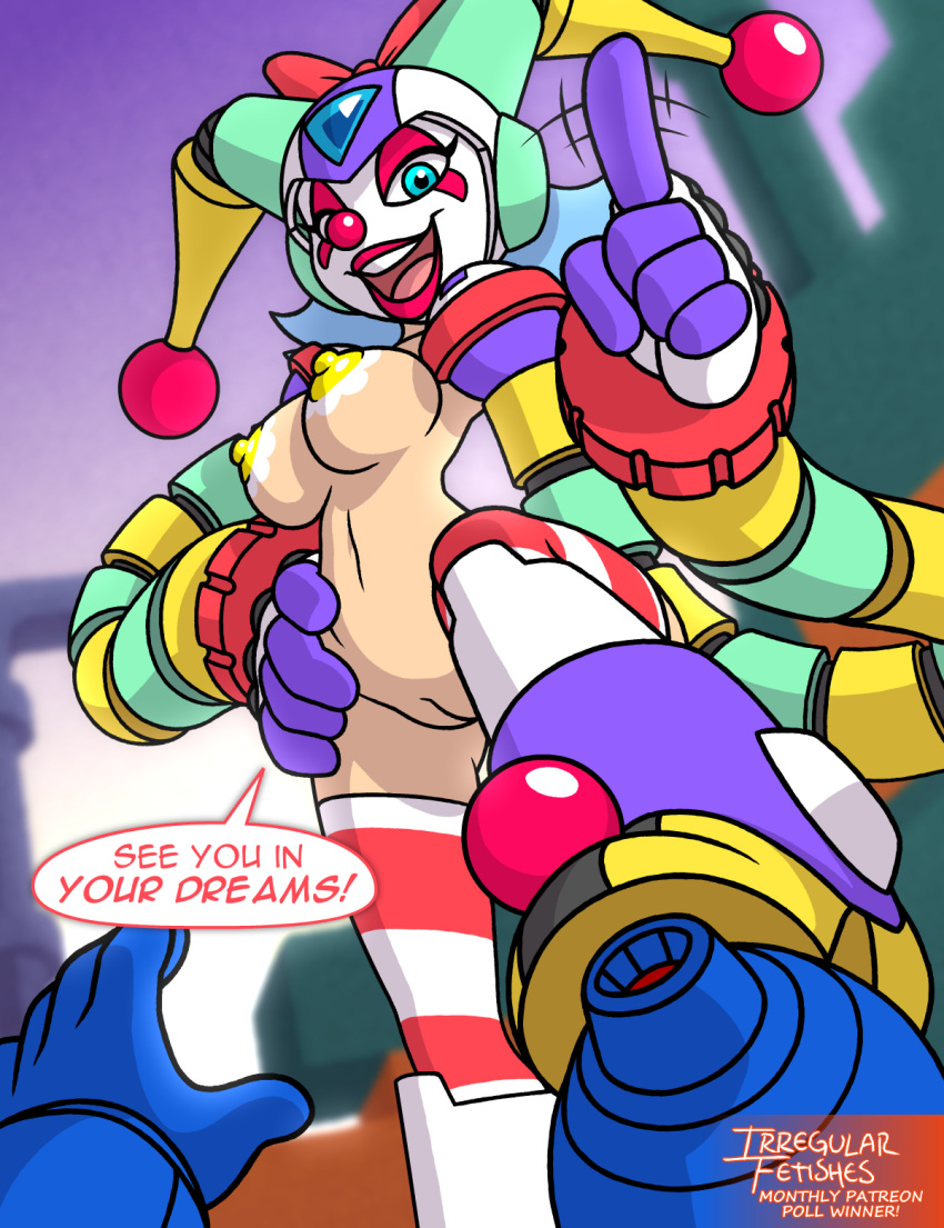 arm_cannon blue_eyes boots breasts breasts_out capcom clown clown_man exposed_breasts exposed_pussy facepaint female female_focus femdom giggles_the_slutty_clown innie_pussy irregular_fetishes lipstick long_arms looking_at_viewer makeup male male_pov mega_man mega_man(classic) mega_man_(character) mega_man_8 motion_lines navel nipples open_mouth outdoors pov pussy red_nose robot robot_girl rule_63 speech_bubble striped striped_legwear weapon