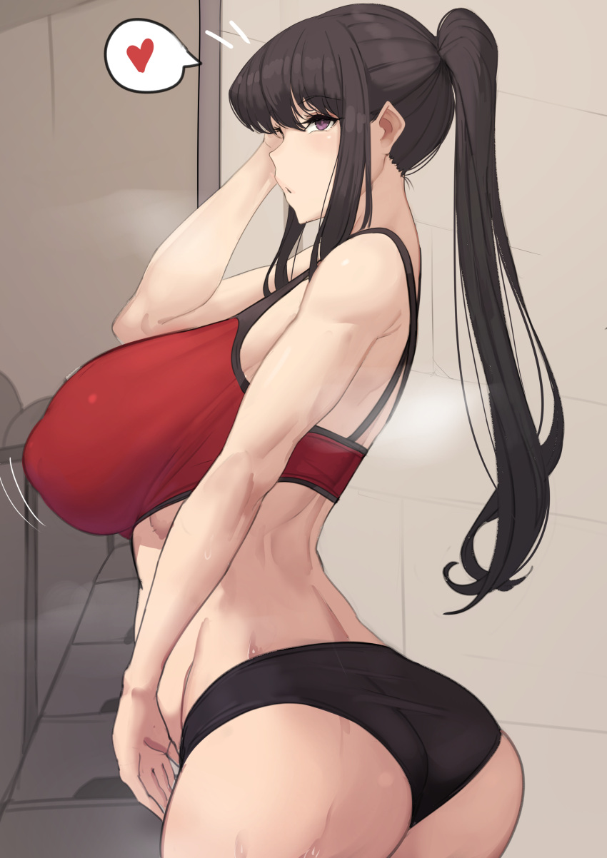 1girls 2021 arched_back ass bare_arms black_hair black_shorts breasts breasts_bigger_than_head clothed clothed_female female_focus female_only gym_clothes gym_shorts hi_res huge_ass huge_breasts indoors jiggling_breasts komi-san_wa_komyushou_desu komi_shouko long_hair long_ponytail looking_back metal_owl motion_lines open_mouth pale-skinned_female pale_skin ponytail red_sports_bra short_shorts shorts sideboob speech_bubble spoken_heart sports_bra steam steaming_body visible_breath workout_clothes