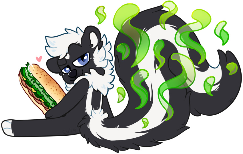 black_fur blue_eyes crownedvictory food fur furry heart mammal mephitid sandwich_(food) skunk smelly white_fur