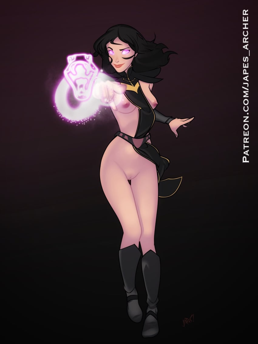 1girls areolae black_hair breasts claudia_(the_dragon_prince) clothing female female_only glowing_eyes hair japes legs_together long_hair nipples nude pussy small_breasts smile solo the_dragon_prince url wide_hips