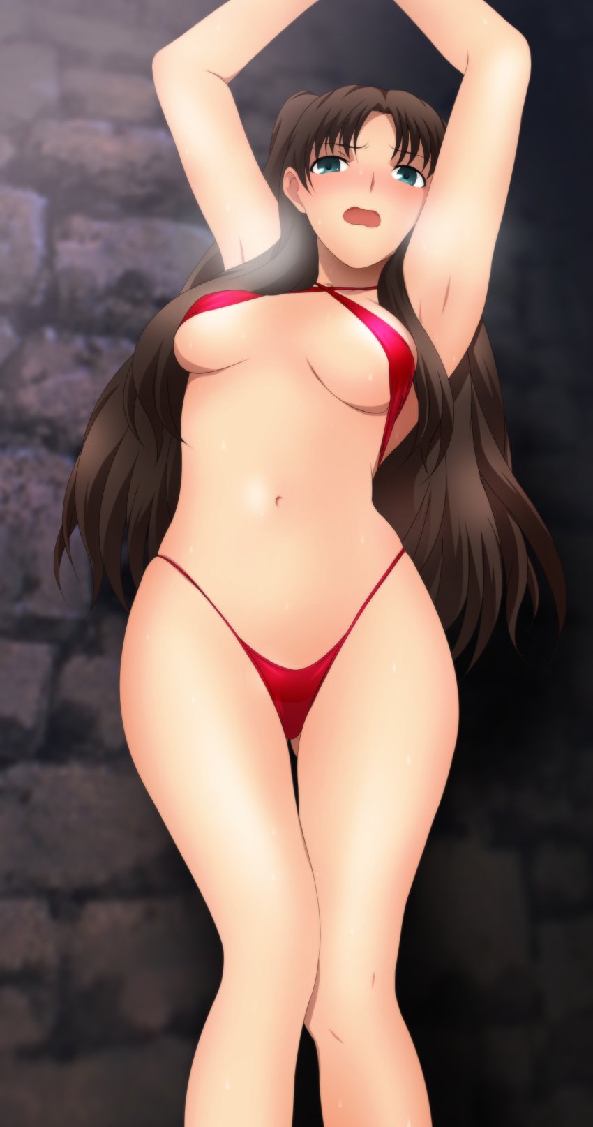 1girls against_wall arched_back bent_over bikini black_hair blush bondage bound_wrists dungeon elbow_gloves embarrassed fate/stay_night fate_(series) female female_only impossible_clothes long_hair restrained scared shiny shiny_skin standing string_bikini struggling tagme tohsaka_rin yadokari_genpachirou