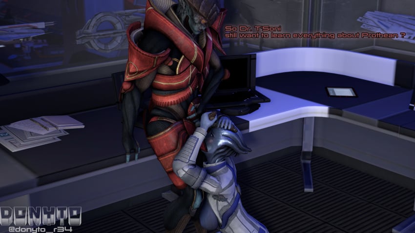 1boy 1girls 3d 3d_(artwork) asari diphallia diphallism donyto english_text female handjob javik liara_t'soni male mass_effect multi_penis no_humans penis prothean text