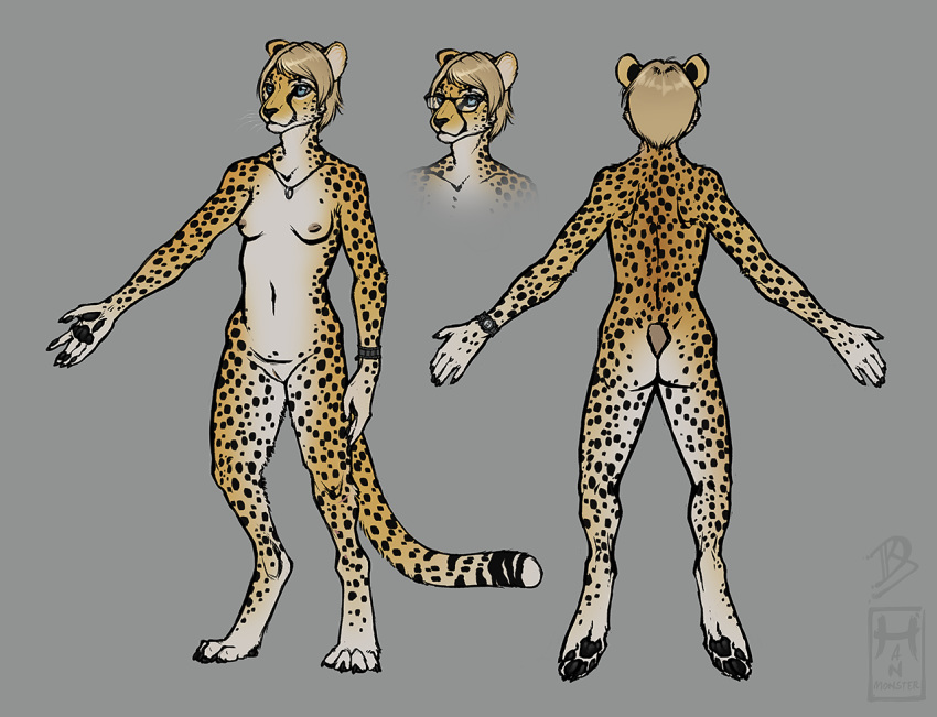 2019 4_toes 5_fingers anthro barefoot biped black_claws black_fur black_nose black_pawpads black_spots black_tail blue_eyes breasts brown_hair cheetah claws clock digitigrade eyewear felid feline female fur glasses grey_background hair hanmonster long_tail mammal model_sheet multicolored_fur multicolored_tail navel nipples nude pawpads pendant pink_nipples pussy short_hair simple_background small_breasts solo spots spotted_fur spotted_tail toe_claws toes watch whiskers white_fur white_tail yellow_fur yellow_tail