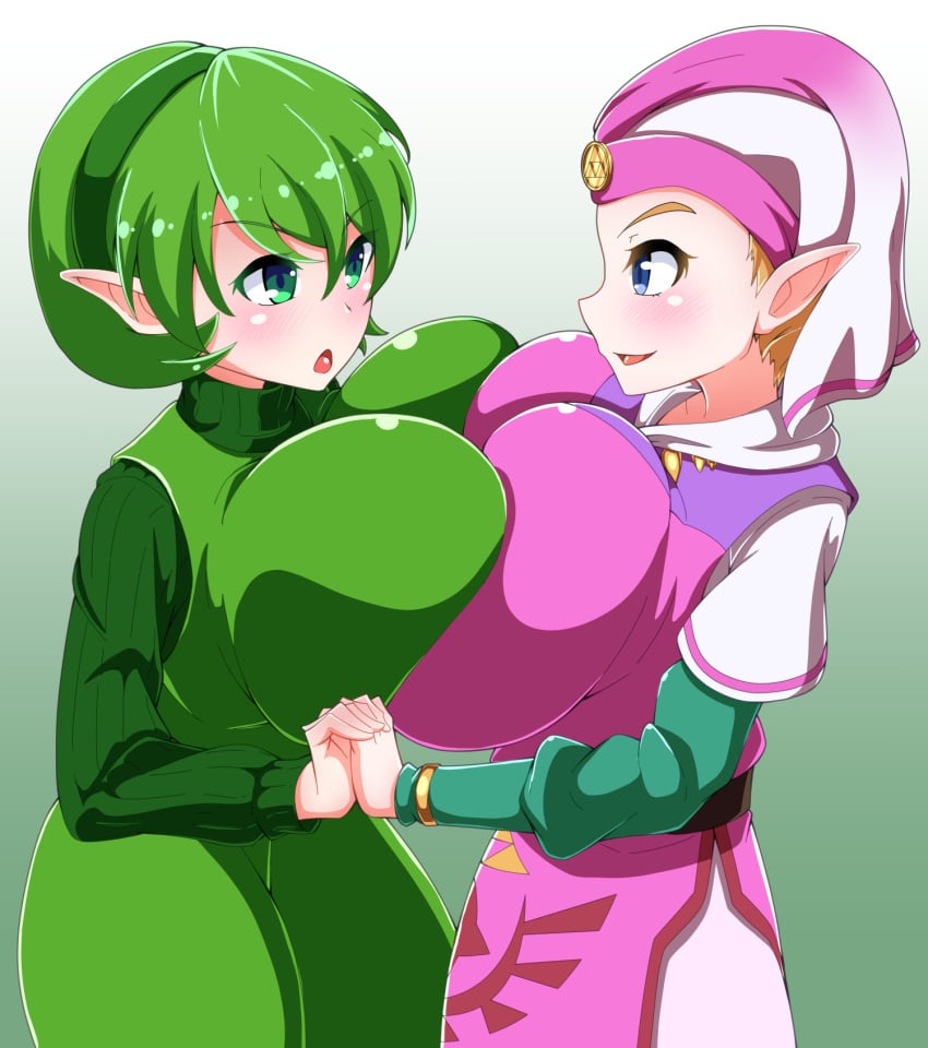 2girls alternate_breast_size artist_request big_breasts bimbo blonde_hair blue_eyes breast_press breasts breasts_frottage clothing female female_only green_eyes green_hair hairband huge_breasts hylian interracial kokiri multiple_girls ocarina_of_time pointy_ears princess_zelda saria short_hair shortstack symmetrical_docking the_legend_of_zelda young_zelda yuri