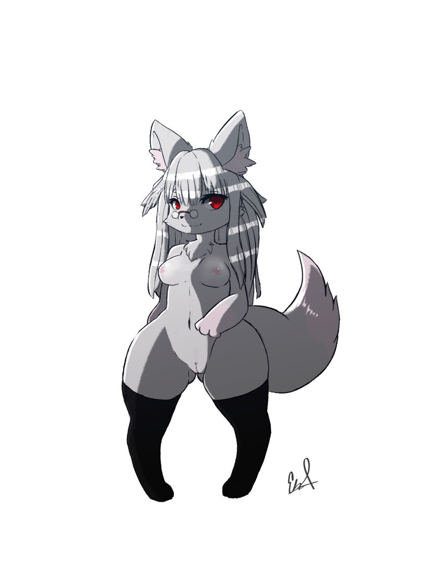 anthro arctic_fox blaketheflareon breasts canid canine clothing eyewear female fox fur glasses hair hi_res legwear looking_at_viewer mammal pussy red_eyes shortstack stockings white_fur white_hair