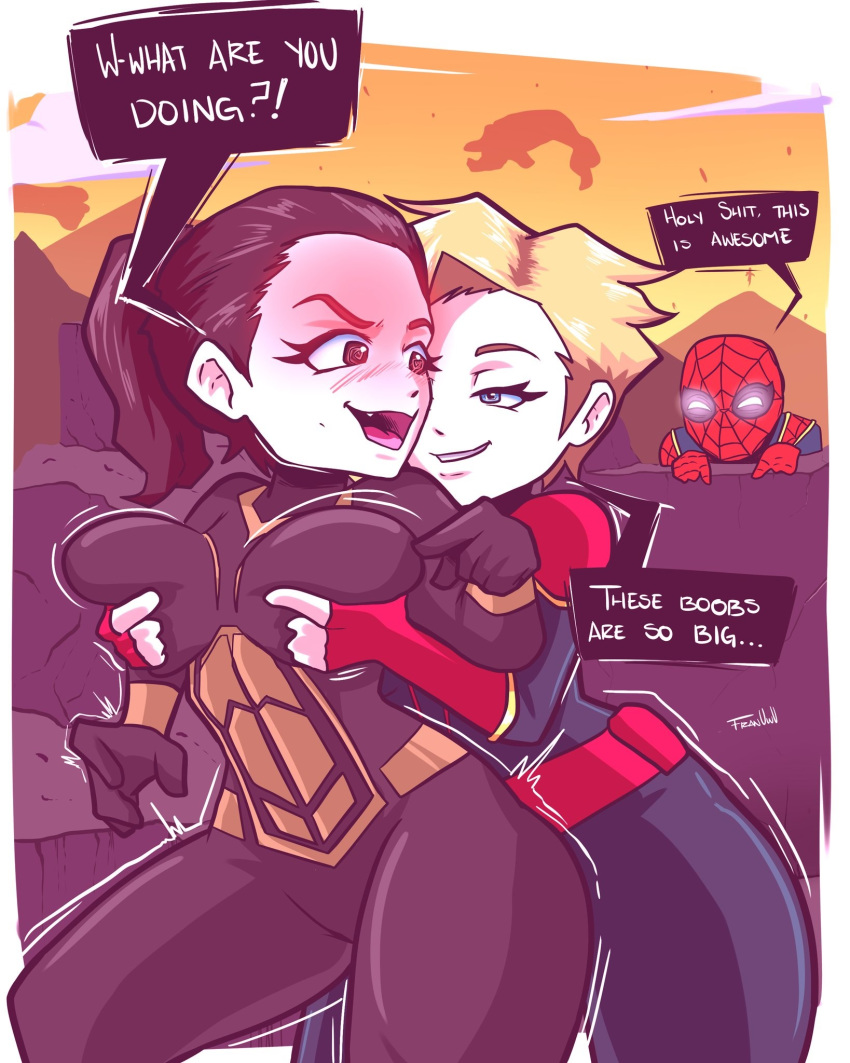 1boy 2girls avengers avengers:_endgame blonde_hair blue_eyes blush bodysuit breast_grab breast_squeeze breasts brown_eyes brown_hair captain_marvel carol_danvers femdom femsub franarts_uwu grabbing grabbing_from_behind hope_van_dyne large_breasts marvel marvel_cinematic_universe open_mouth peter_parker short_hair signature speech_bubble spider-man straight_hair suit thighs wasp_(marvel) yuri