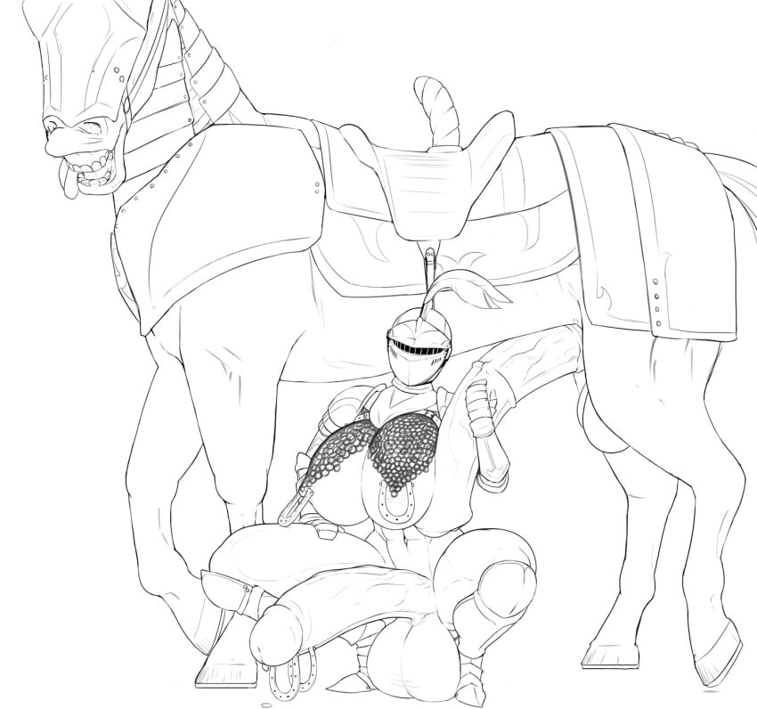 1boy 1futa abs aka6 areolae armor bent_penis big_breasts breasts club_shaped_penis crested_helmet dickgirl erection feral flared_penis futa_on_feral futanari gauntlets helmet hooves horse horsecock horseshoe huge_breasts huge_cock intersex large_breasts line_art looking_at_viewer medial_ring monochrome muscular_futanari nipple_piercing nipple_rings nipples pauldrons penis penis_hug penis_to_the_knees squatting stallion thick_thighs warrior zoophilia