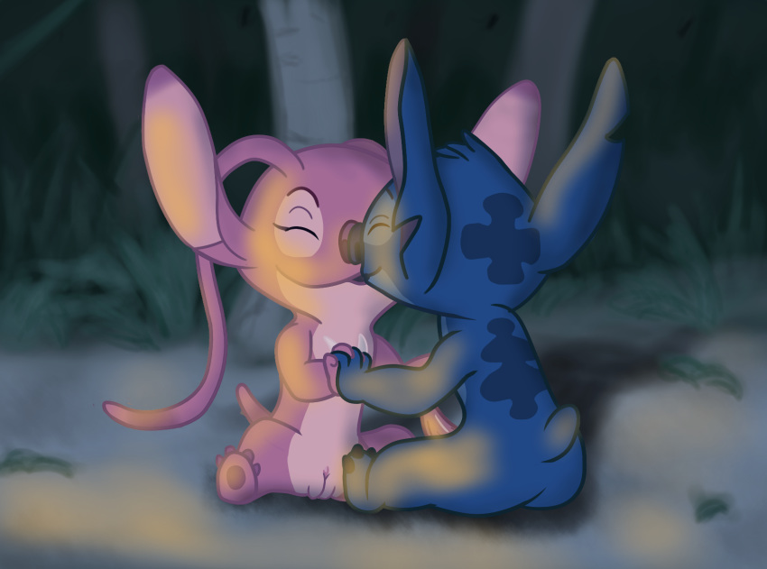 2016 4_toes alien angel_(lilo_and_stitch) antennae back_markings blue_fur blue_nose chest_markings closed_eyes disney duo experiment_(species) female forest fur hand_holding hi_res kissing lilo_and_stitch male markings night notched_ear occipital_markings outside penis pink_fur purple_nose pussy shinazuka sitting sketch small_tail smile stitch straight toes tree