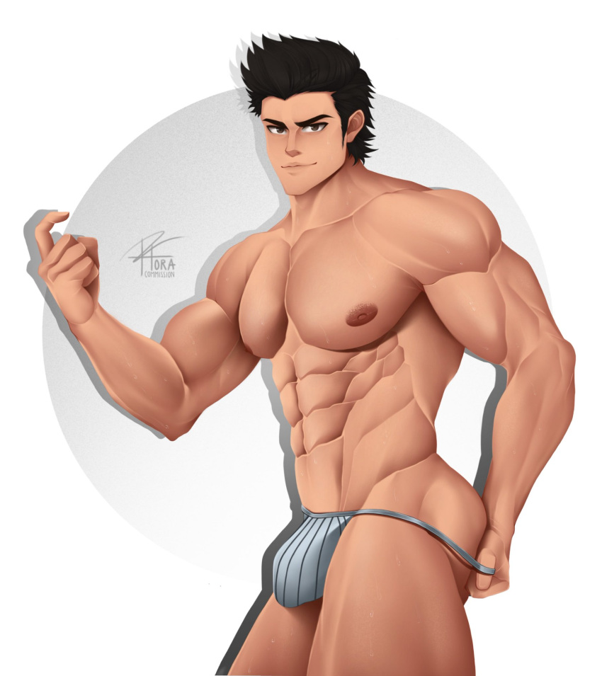 1boy 1male abs ace_of_diamond artist_name artist_signature ass athletic athletic_male bara biceps big_muscles big_pecs black_hair brown_eyes brown_nipples bulge commission commission_art fundoshi fundoshi_only horaseiji human human_only large_pectorals looking_at_viewer male male_focus male_nipples male_only manboobs moobs muscle muscles muscular muscular_male nipples pecs pectorals removing_underwear sanada_shunpei six_pack solo solo_focus solo_male sweat sweatdrop sweating sweaty thick_eyebrows underwear underwear_only undressing white_background