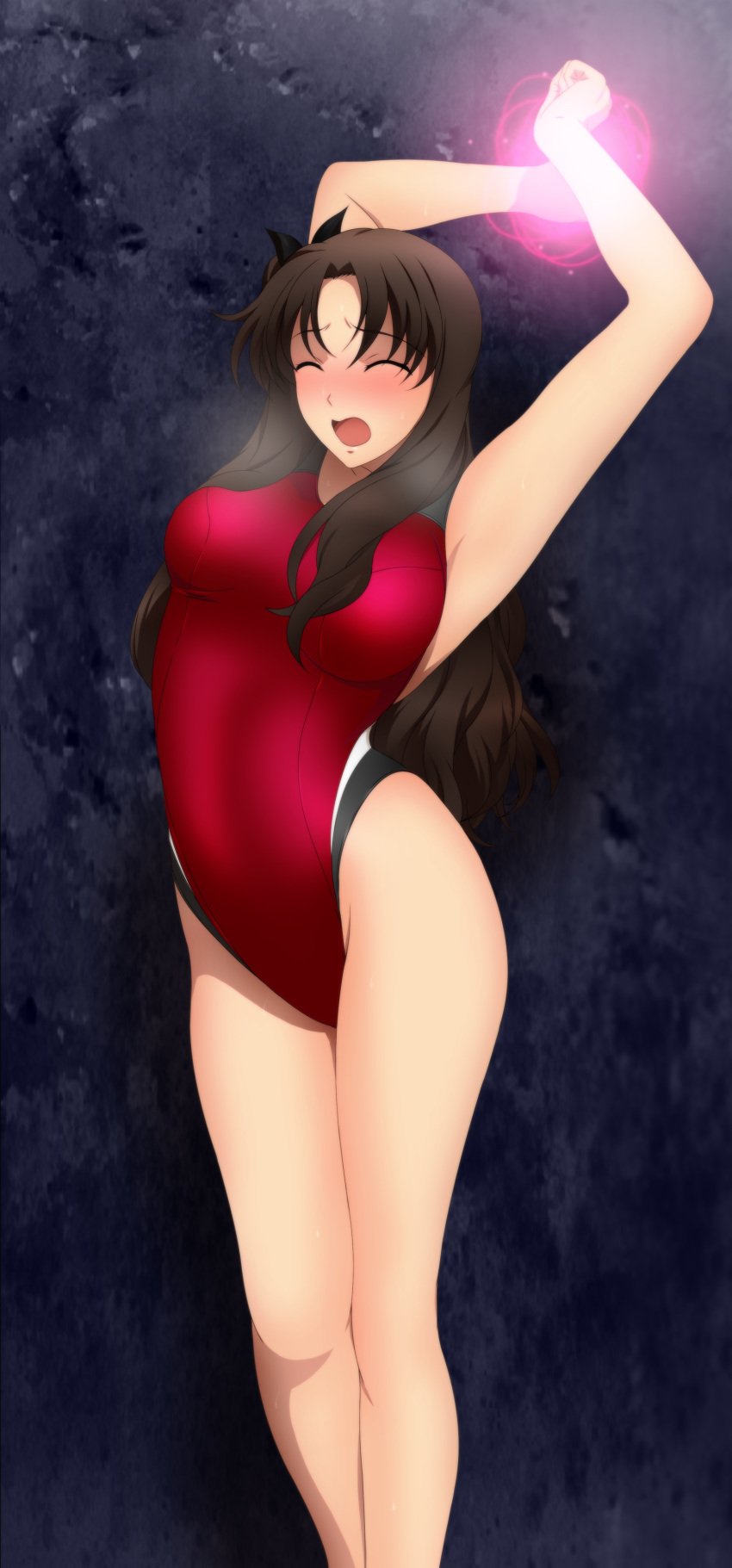 1girls against_wall arms_above_head arms_up black_hair blush bondage bound_wrists closed_eyes embarrassed fate/stay_night fate_(series) female female_only legs_together long_hair magic one-piece_swimsuit open_mouth resisting restrained scared screaming shiny shiny_skin solo struggling swimsuit tagme tohsaka_rin very_long_hair yadokari_genpachirou