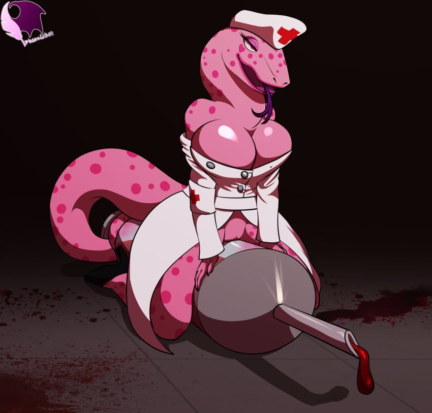 anthro big_breasts blood breasts catherine_(gregory_horror_show) cleavage clothed clothing female gregory_horror_show headgear headwear hi_res horny_(disambiguation) lizard monitor_lizard non-mammal_breasts nurse nurse_uniform open_mouth pheonixbat pussy reptile scalie simple_background solo syringe thick_thighs tongue tongue_out uniform video_games