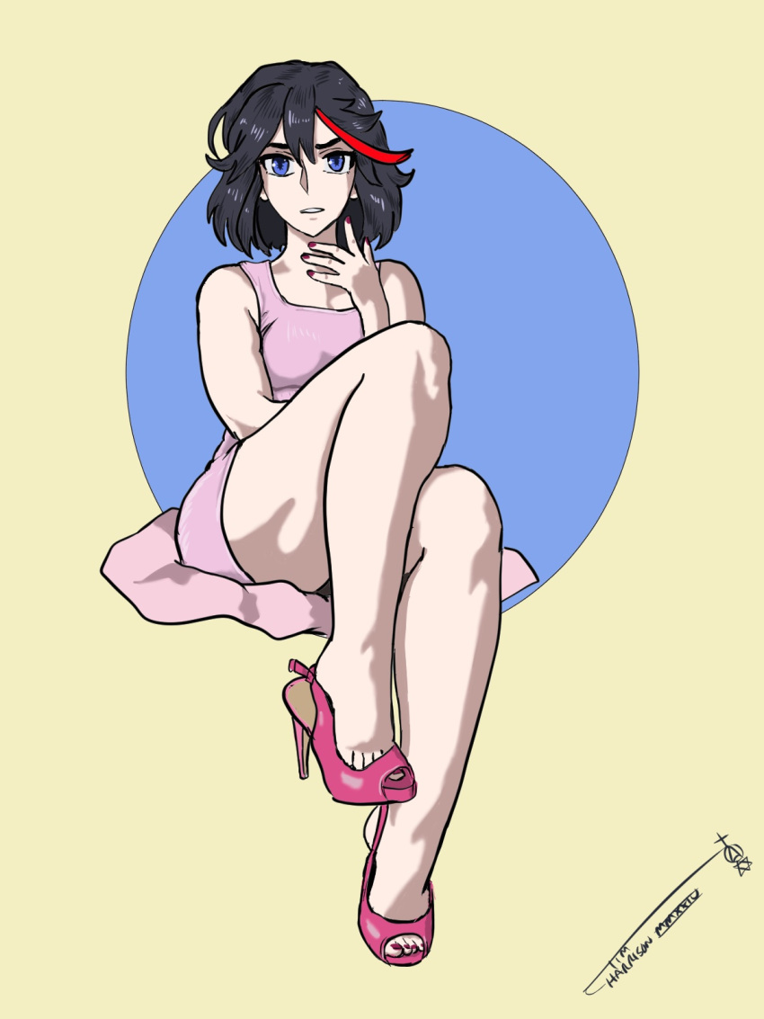 1girls artist_signature black_hair blue_eyes dress female female_only fully_clothed high_heels ironsiderodger kill_la_kill legs light-skinned_female light_skin matoi_ryuuko open_toe_shoes painted_nails pink_dress pink_high_heels red_nails red_strand_of_hair solo