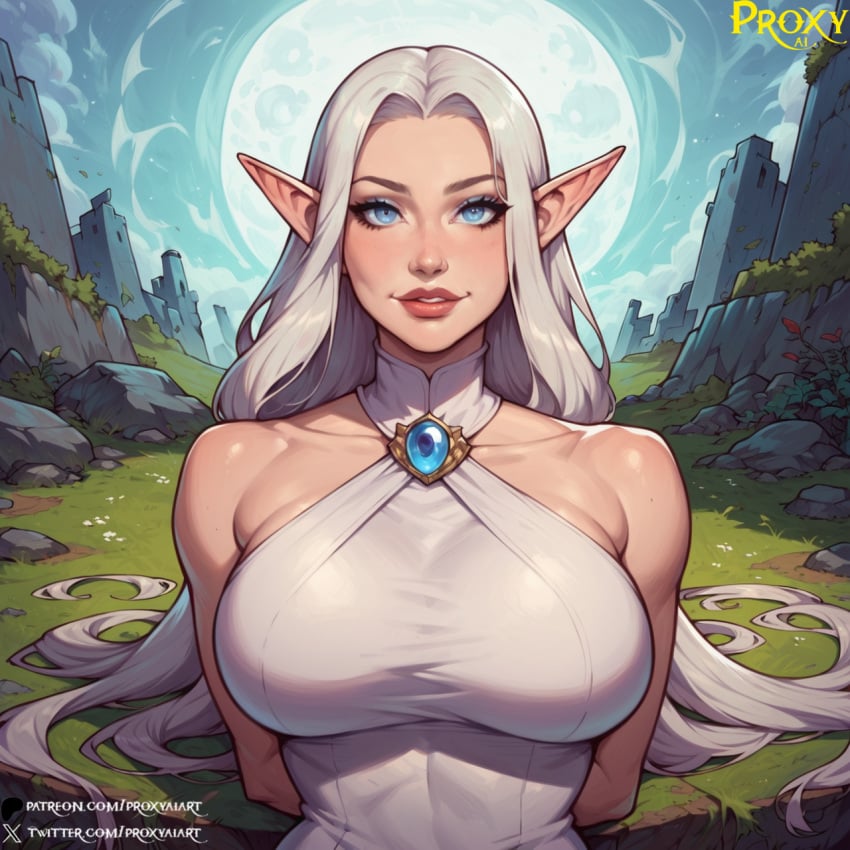 ai_generated ass big_breasts bimbo blue_eyes cleavage curvaceous curvy cute dress elf elf_ears elf_female fantasy female female_only large_ass large_breasts light-skinned_female light_skin moon moonlight pale-skinned_female pale_skin partially_clothed pool proxyaiart solo vaeri