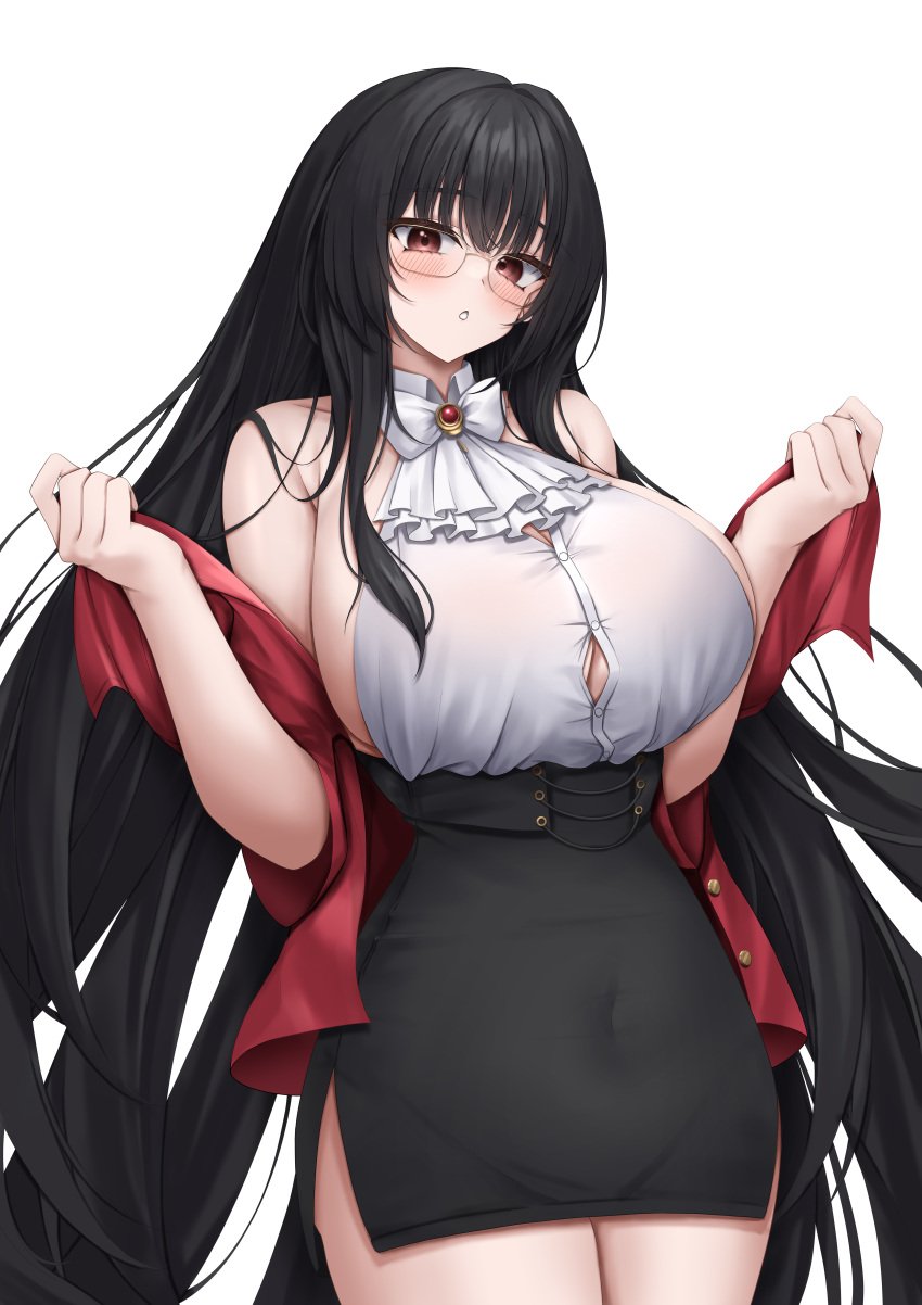 1girls absurdres alvitr_(azur_lane) alvitr_(muspel&#039;s_torrid_secrets)_(azur_lane) ascot azur_lane backless_shirt bare_shoulders black_hair black_skirt blush bow bowtie breasts commentary_request covered_navel female highres iron_blood_(azur_lane) jacket large_breasts light-skinned_female light_skin long_hair looking_at_viewer miniskirt off_shoulder official_alternate_costume open_clothes open_jacket pencil_skirt red_eyes red_jacket shirt shirt_tucked_in sideboob sideless_outfit simple_background skirt solo ueyama_0clock very_long_hair white_ascot white_background white_bow white_bowtie white_shirt