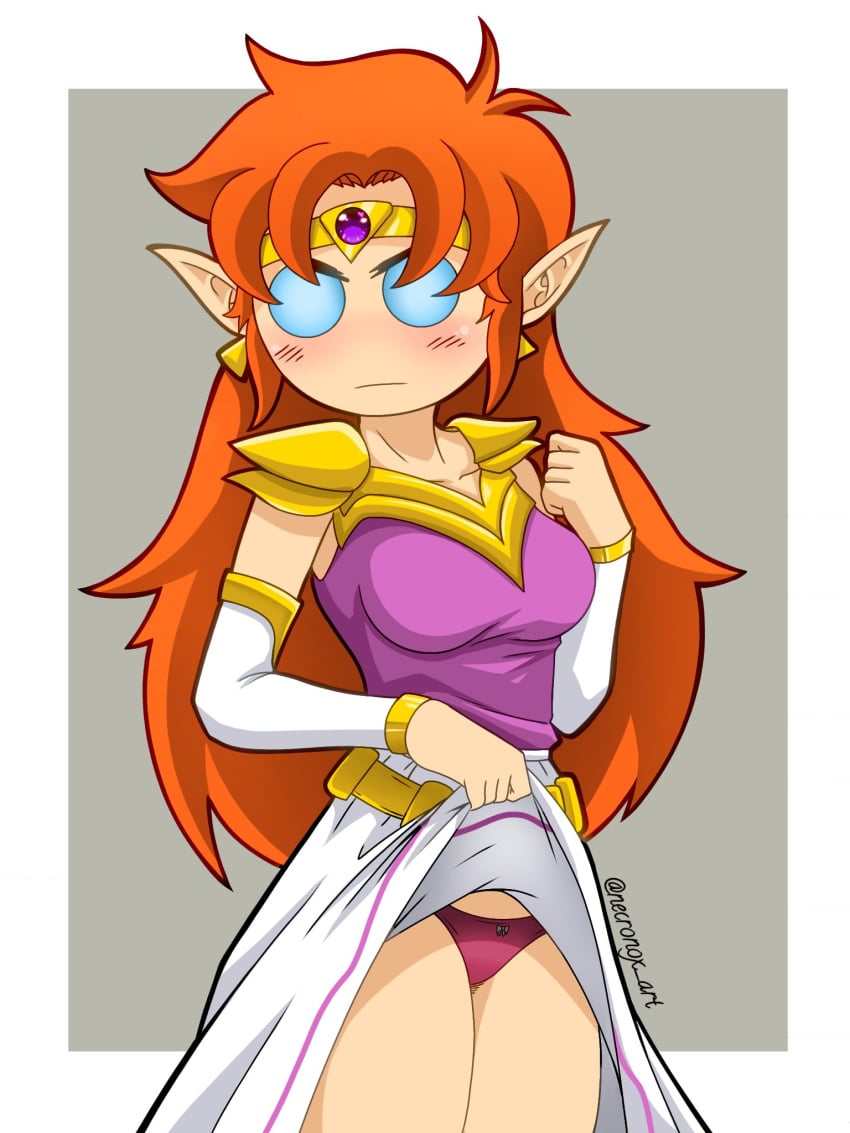 blue_eyes blush blush_lines dress_lift female female_only la_leyenda_de_melda long_dress long_hair panties pointy_ears princesa_melda red_hair simple_background the_legend_of_zelda vete_a_la_versh white_skin youtube_hispanic