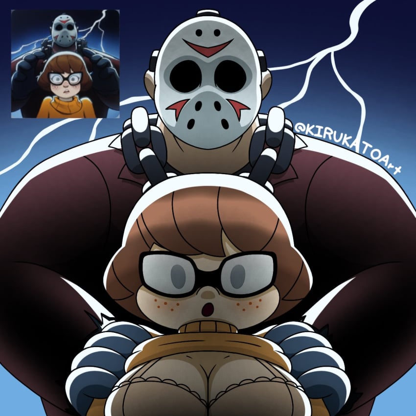 1boy 1girls :o bangs big_breasts blush bra breasts chains cleavage clothed_male clothes facing_viewer flashing_breasts freckles friday_the_13th glasses gloves hanna-barbera hockey_mask imminent_sex jason_voorhees kirukatoart light-skinned_female light-skinned_male looking_at_viewer mask monster monster_boy multiversus reference_image scooby-doo shirt_lift shirt_up short_hair sweater velma_dinkley warner_brothers watermark