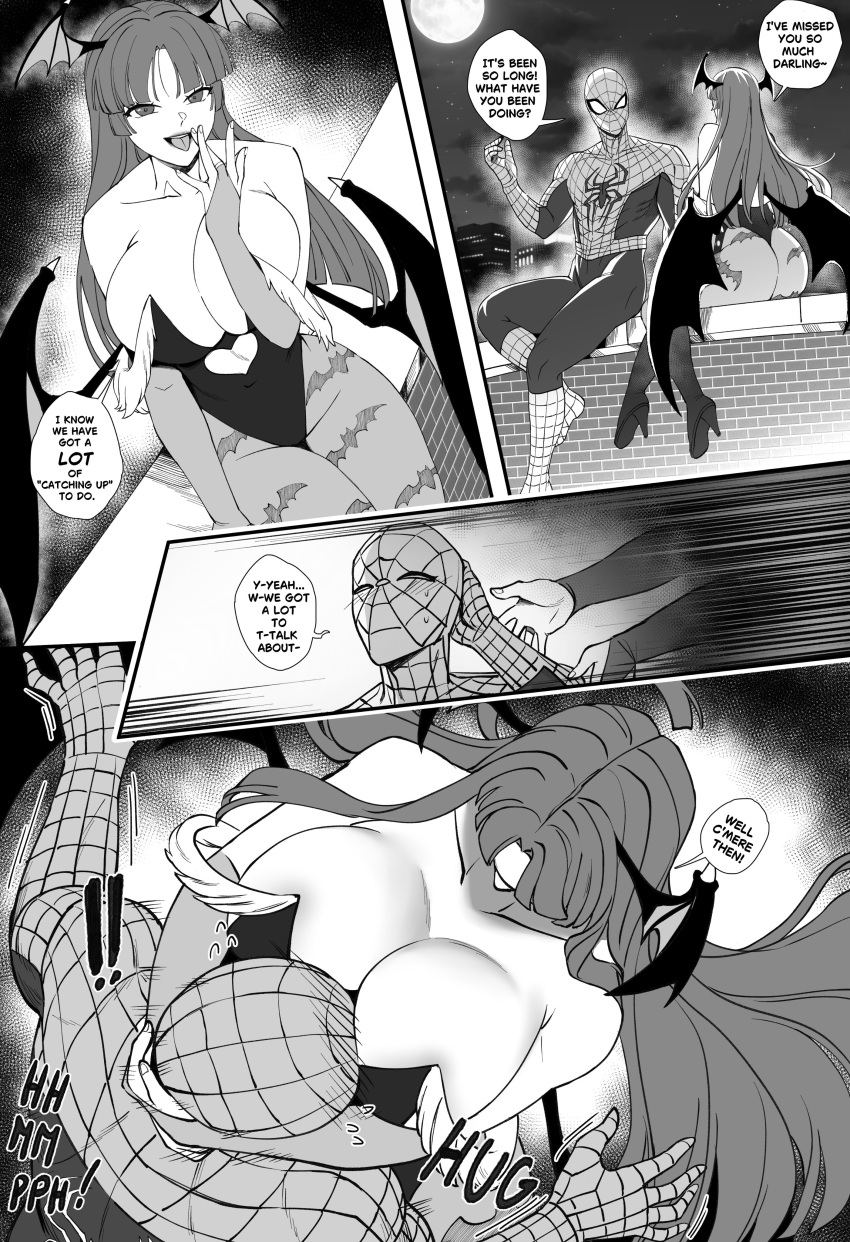 1boy 1girls asphyxiation ass ass_bigger_than_head big_ass big_breasts blush bodysuit breast_smother breasts capcom cleavage crossover crossover_shipping darkstalkers eastern_and_western_character english_text female greyscale head_wings high_heels highres hug huge_ass huge_breasts hugging large_ass large_breasts male marvel marvel_comics marvel_vs._capcom monochrome morrigan_aensland peter_parker ryuukusnpaiarts smothering spider-man spider-man_(series) straight succubus text_bubble