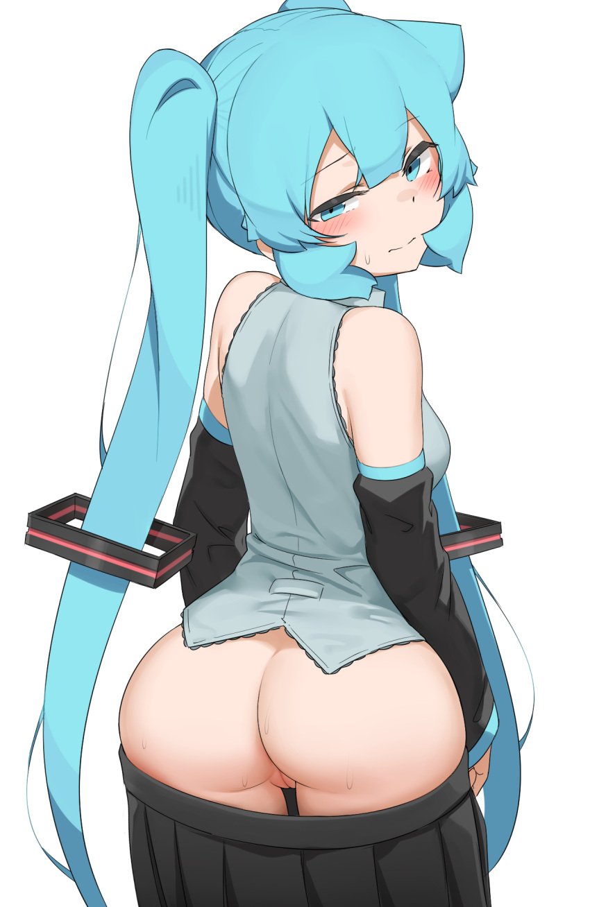 1girls abmayo aqua_eyes aqua_hair ass big_ass bottomless detached_sleeves female female_focus hatsune_miku looking_at_viewer looking_back medium_breasts plump shirt skirt skirt_down solo standing thick_thighs twintails vocaloid wide_hips