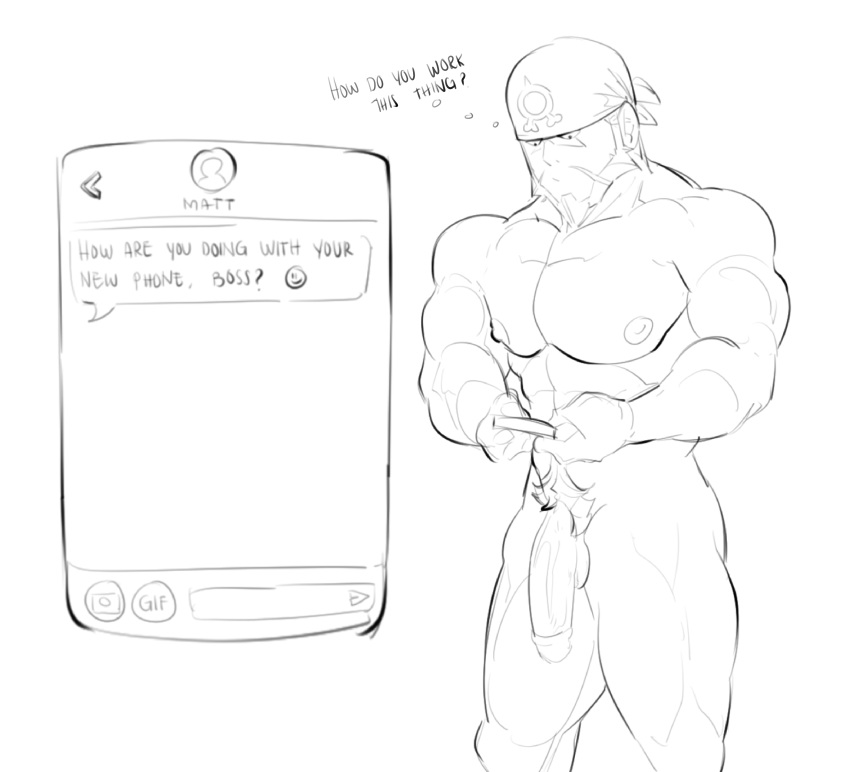 archie_(pokemon) balls bara beard facial_hair flaccid headkerchief male male_only monochrome muscles muscular nintendo nude penis phone phone_screen phosbara pokemon solo solo_male team_aqua texting