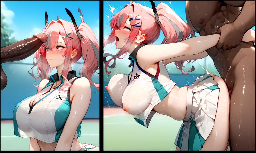 1boy 1girls ahe_gao ai_generated arm_grab arm_held_back azur_lane bremerton_(azur_lane) cock_shock dark-skinned_male dark_skin doggy_style kiss-shot nipples open_clothes penis_awe sex sex_from_behind straight tennis_court