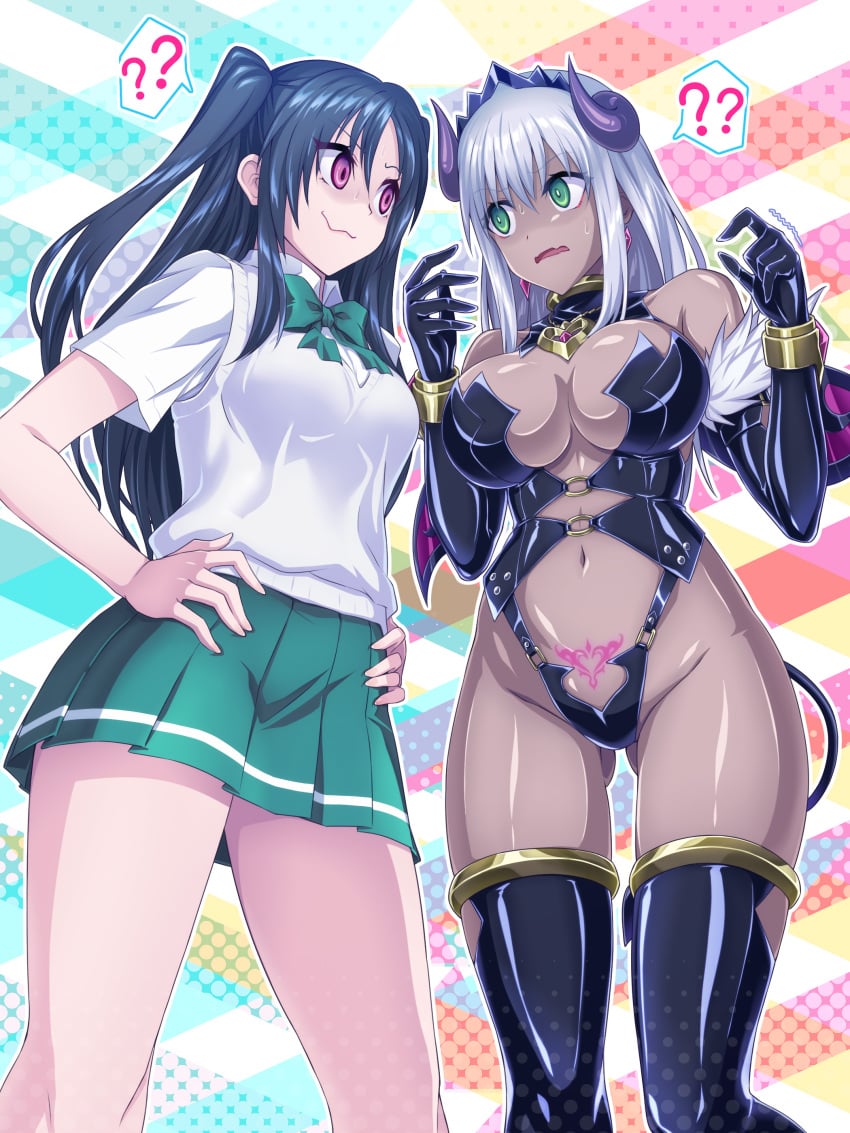 1girls 2girls ? ?? absurdres ass_visible_through_thighs bare_midriff bare_thighs black_hair breasts commission dark-skinned_female dark_skin demon_girl demon_horns demon_tail demon_wings earrings elbow_gloves female female_only fur_trim gloves green_eyes green_skirt grey_hair hands_on_own_hips highres horns jewelry large_breasts long_hair looking_at_another medium_breasts midriff multiple_girls navel nervous nervous_sweating original pixiv_commission pubic_tattoo purple_eyes revealing_clothes ribimura shiny_clothes shiny_skin shirt skirt standing succubus succubus_tattoo sweat tail tattoo thighhighs thighs two_side_up wavy_mouth white_shirt wings