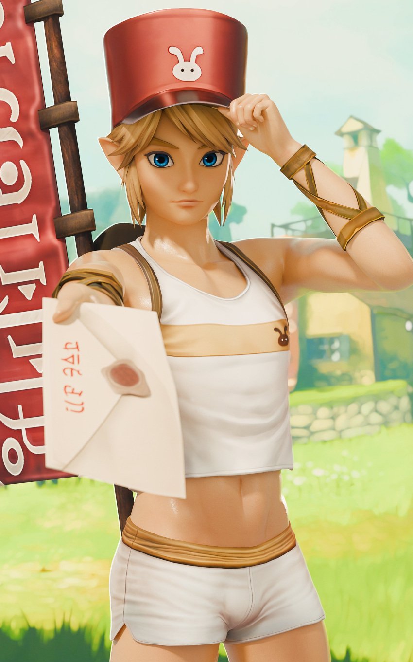 1boy 1femboy 3d blonde_hair blue_eyes booty_shorts elf_ears envelope femboy flag flat_belly flat_chest fugtrup hat hylian hylian_ears hyrule_warriors link link_(hyrule_warriors) looking_at_viewer male_focus male_only short_shorts shorts sole_male solo solo_focus tagme tank_top the_legend_of_zelda twink