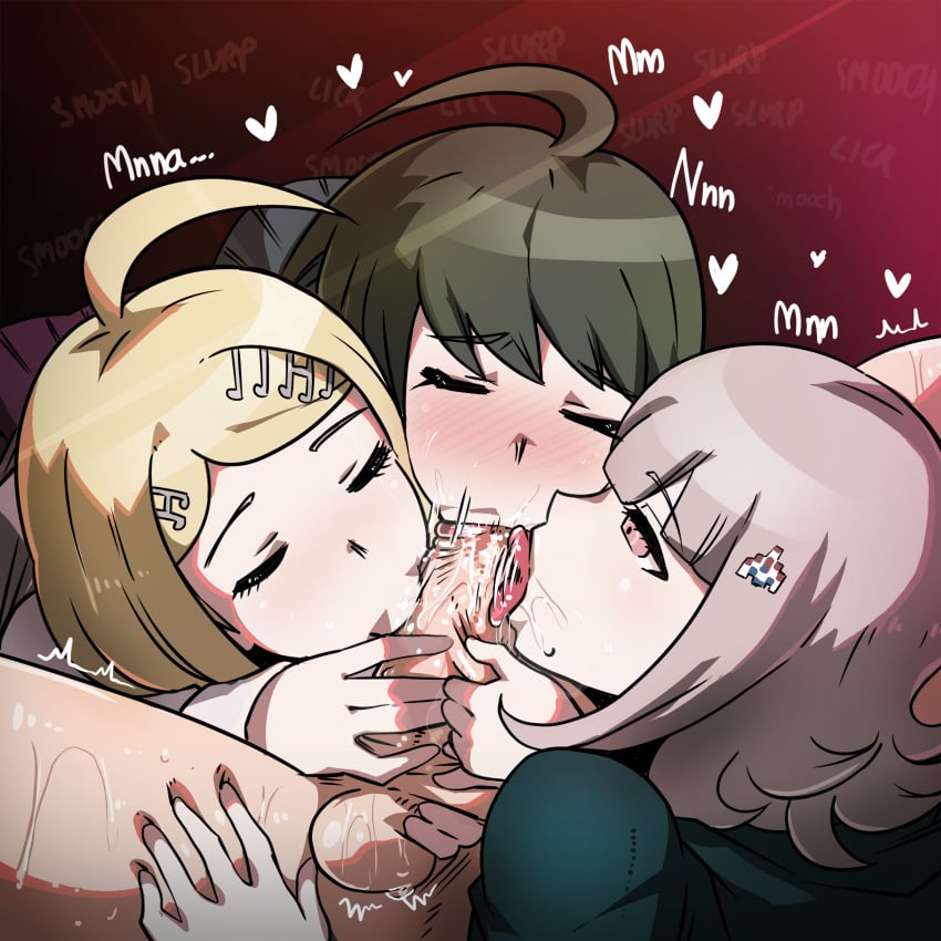 1boy 3girls ahoge akamatsu_kaede blonde_hair cock_worship collaborative_fellatio cooperative_fellatio danganronpa danganronpa_(series) danganronpa_2:_goodbye_despair danganronpa_ultra_despair_girls danganronpa_v3:_killing_harmony fellatio foursome heart highres licking licking_penis medium_hair mosbles multiple_girls naegi_komaru nanami_chiaki oral partial_male penis red_background short_hair straight sweat testicles triple_fellatio