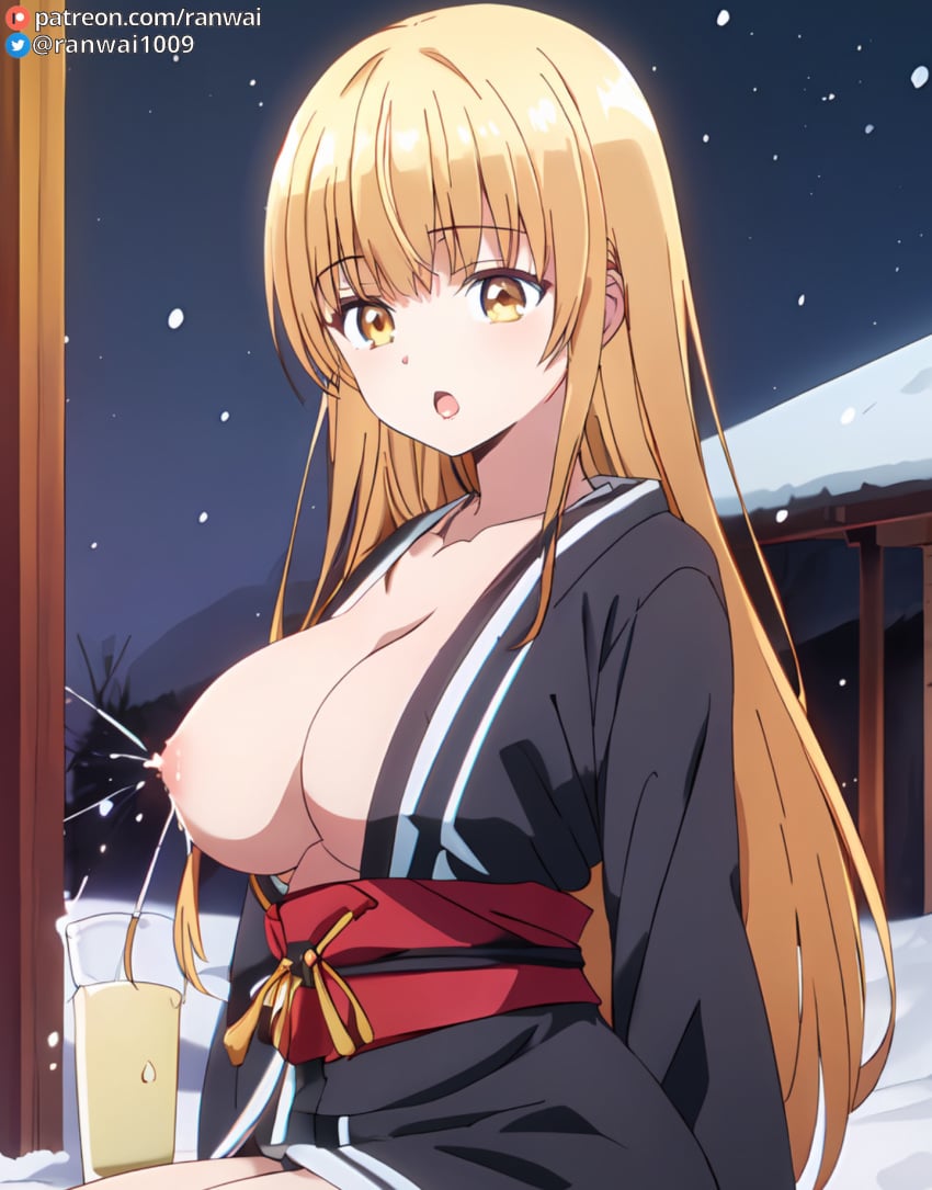 ai_generated anime blonde_hair breasts_out lactation large_breasts otonari_no_tenshi-sama_ni_itsu_no_mani_ka_dame_ningen_ni_sarete_ita_ken ranwai shiina_mahiru shiina_mahiru_(otonari_no_tenshi-sama) stable_diffusion yellow_eyes