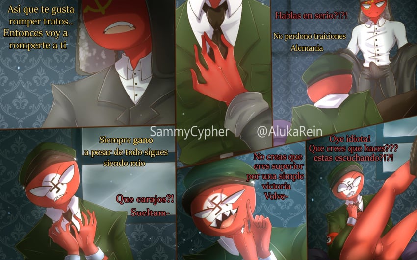 alukarein countryhumans legs_up nazi_armband nazi_germany_(countryhumans) nazi_uniform partially_clothed red_skin sammycypher soviet_union_(countryhumans) spanish_text text third_reich_(countryhumans) ushanka