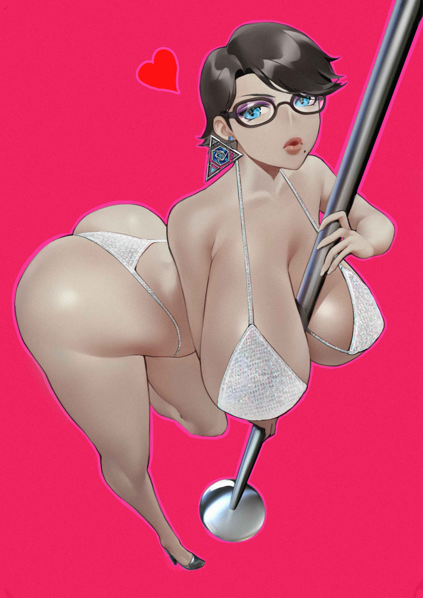 1girls bayonetta bayonetta_(character) bayonetta_2 bra earrings eyeshadow female glasses hi_res high_heels large_breasts light-skinned_female platinum_games red_background sega short_hair spiralnoww stripper_pole thong