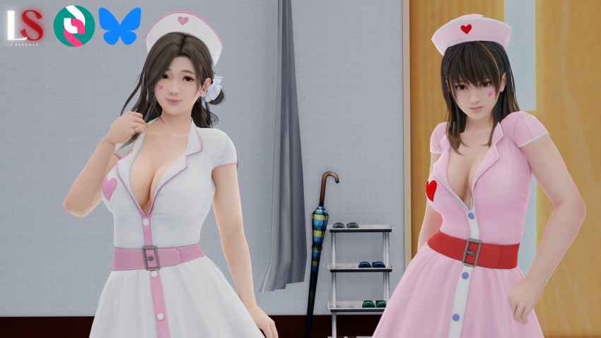 2girls big_breasts black_hair blender_(software) dead_or_alive dead_or_alive_xtreme_venus_vacation female female_focus female_only hospital imminent_sex imminent_threesome japanese japanese_female le_sandman looking_at_viewer mole nanami_(doa) nurse nurse_cap sayuri_(dead_or_alive) tagme xnalara