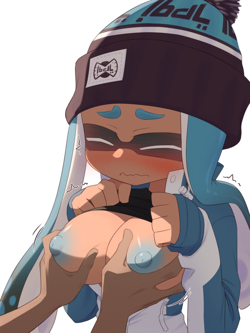 1boy1girl black_shirt blue_hair blue_nipples bobblehat closed_mouth coat colored_nipples dark-skinned_female fondling green_eyes groping half-closed_eyes inkling inkling_girl large_breasts lifting_shirt nipples open_coat organ_rn speed_lines splatoon squeezing_breasts sweatdrop wavy_mouth