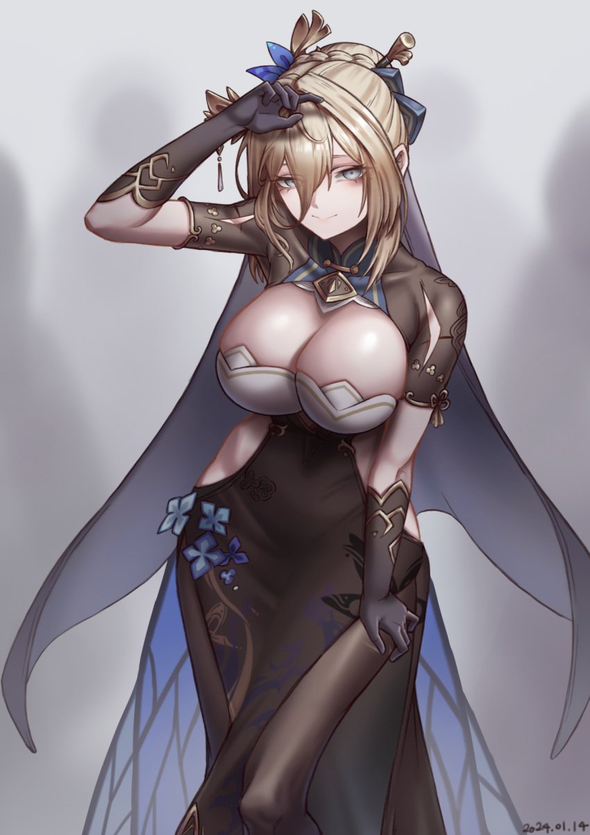 2024 aponia_(honkai_impact) aponia_(mesmerizing_blue) black_dress black_gloves black_pantyhose black_shrug black_veil blonde_hair blue_eyes braid breasts cleavage clothing_cutout commentary_request cowboy_shot dated dress female gloves hair_between_eyes hair_ornament hairpin hand_up highres honkai_(series) honkai_impact_3rd junik_(snrj2255) korean_commentary large_breasts looking_at_viewer medium_hair official_alternate_costume pantyhose side_cutout smile solo veil