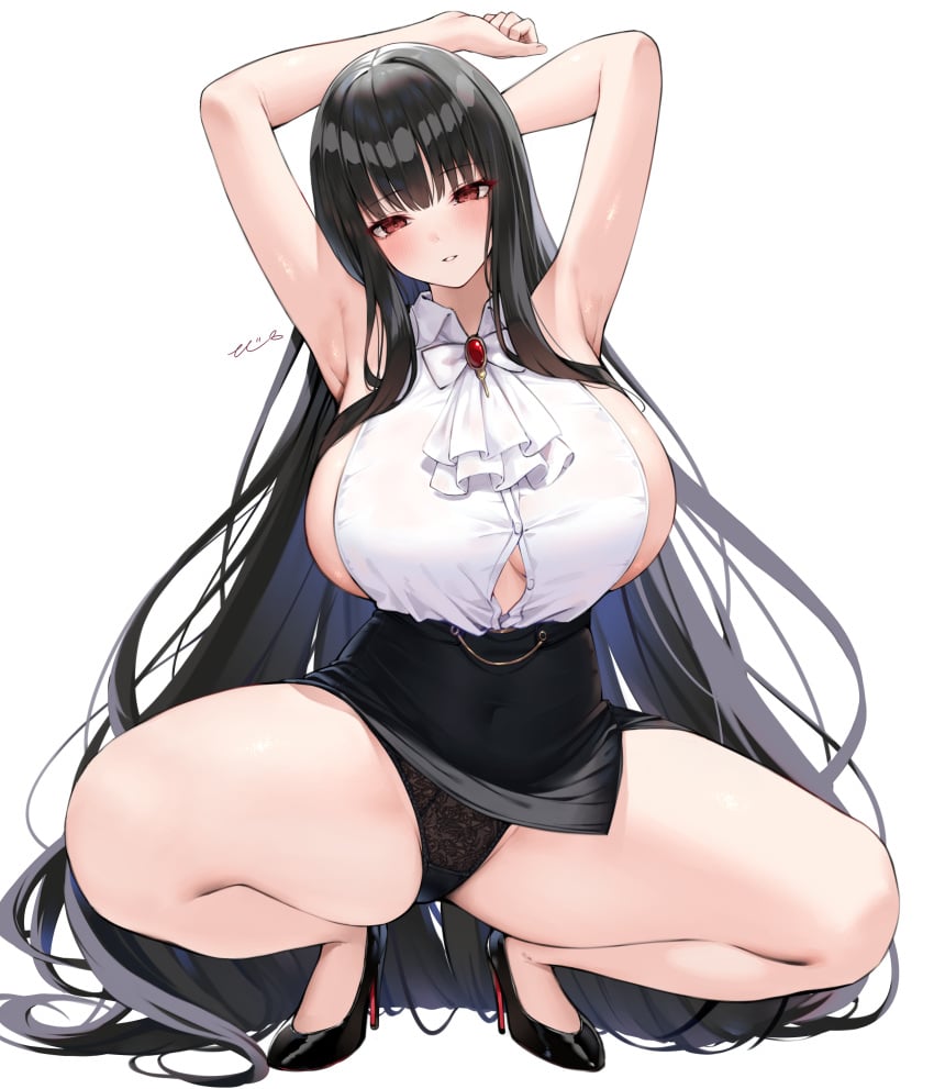 1girls absurdres alvitr_(azur_lane) alvitr_(muspel&#039;s_torrid_secrets)_(azur_lane) armpits arms_up azur_lane bare_shoulders black_footwear black_hair black_skirt breasts covered_navel female high_heels highres huge_breasts iron_blood_(azur_lane) lace lace_panties light-skinned_female light_skin long_hair looking_at_viewer miniskirt mono_(mo_n_mno) official_alternate_costume panties partially_unbuttoned pencil_skirt red_eyes shirt sideboob skirt sleeveless sleeveless_shirt solo squatting thighs underboob underwear variant_set very_long_hair white_shirt