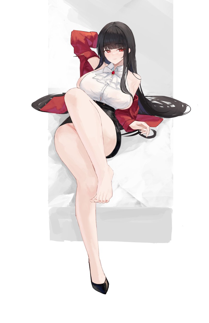 1girls absurdres alvitr_(azur_lane) alvitr_(muspel&#039;s_torrid_secrets)_(azur_lane) arm_behind_head azur_lane bare_legs bare_shoulders black_footwear black_hair black_skirt blunt_bangs breasts button_gap feet female highres huge_breasts jacket knee_up legs light-skinned_female light_skin long_hair looking_at_viewer lying nail_polish off_shoulder office_lady official_alternate_costume pencil_skirt red_brooch red_eyes red_jacket shirt shirt_tucked_in shoes sideboob single_barefoot single_shoe skirt sleeveless sleeveless_shirt smile solo suo_bu_ye_feng thighs toenail_polish toenails toes very_long_hair