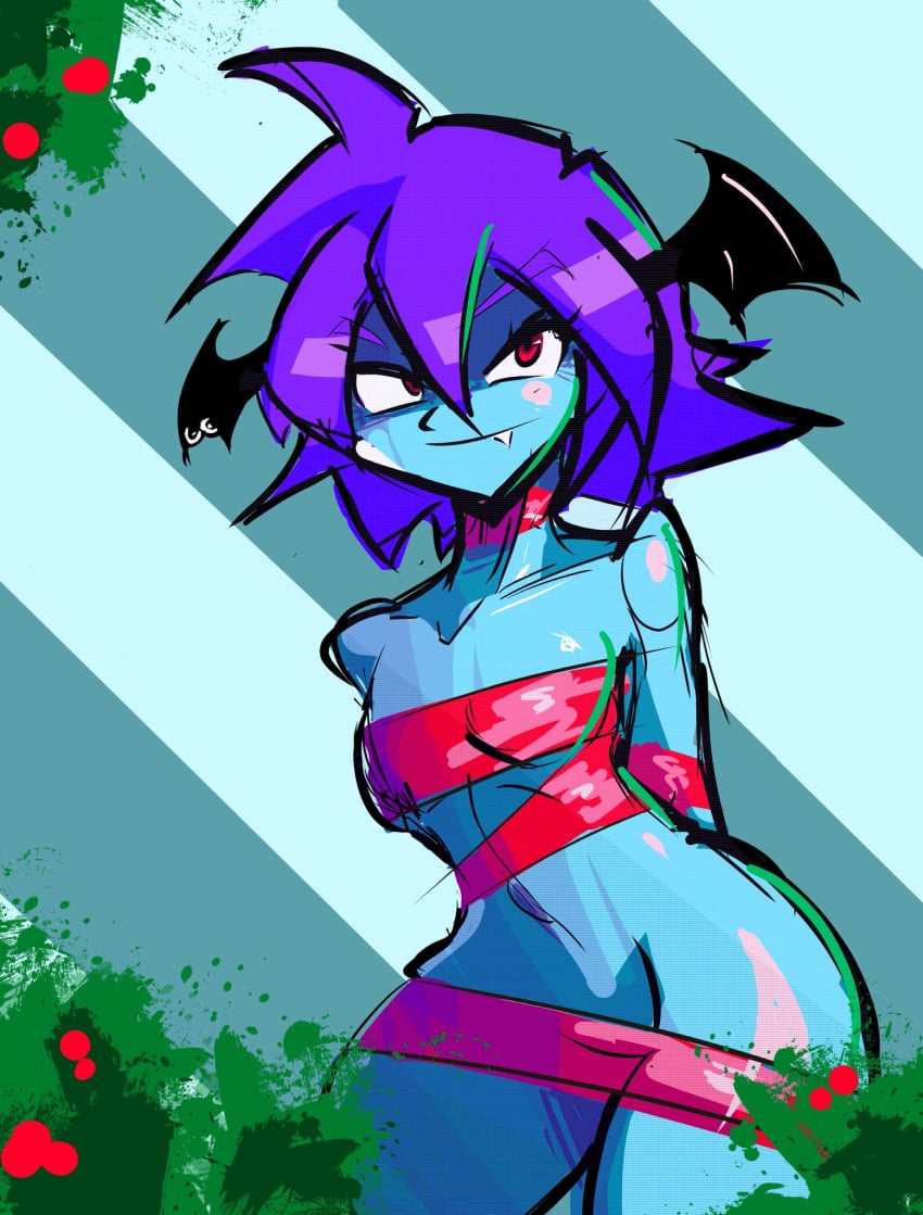 batwings belly belly_button blackwidow_apocalypse blue_body capslockcrush christmas demon demon_girl midriff mourningstar nude purple_hair red_eyes sharp_teeth small_breasts thick_thighs tied_up webcomic webtoon wrapped wrapped_up