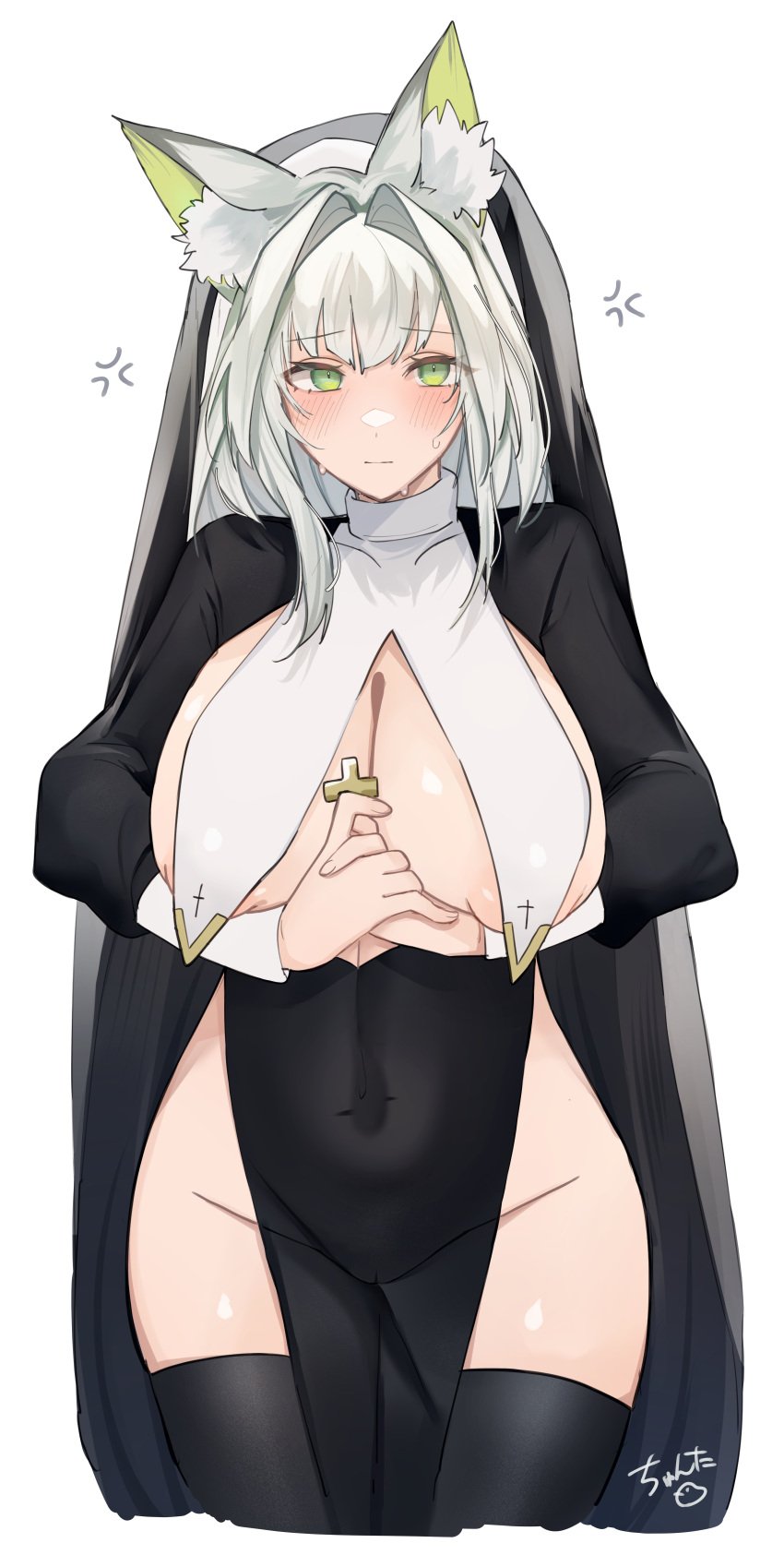 1girls animal_ears areola_slip arknights cat_ears chunta hi_res huge_breasts kal'tsit_(arknights) nun nun_outfit thighs underboob