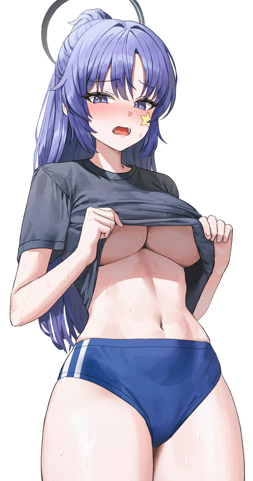 absurdres black_halo black_shirt blue_archive blue_buruma blue_eyes blue_hair blush breasts buruma clothes_lift cowboy_shot damcheong embarrassed female half_updo halo highres large_breasts lifting_own_clothes looking_at_viewer millennium_science_school_student no_bra nose_blush official_alternate_costume official_alternate_hairstyle open_mouth seminar_(blue_archive) shirt shirt_lift short_sleeves simple_background solo star_sticker sticker_on_face straddling sweat thick_thighs thighs underboob white_background yuuka_(blue_archive) yuuka_(track)_(blue_archive)