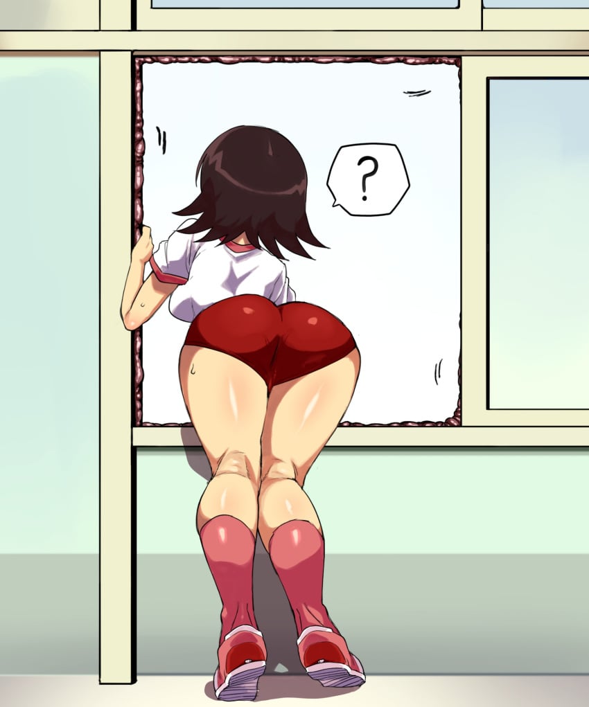 azumanga_daiou brown_hair mayo mayo_(artist) question_mark red_shoes red_shorts red_socks socks tomo_takino white_shirt wide_hips window